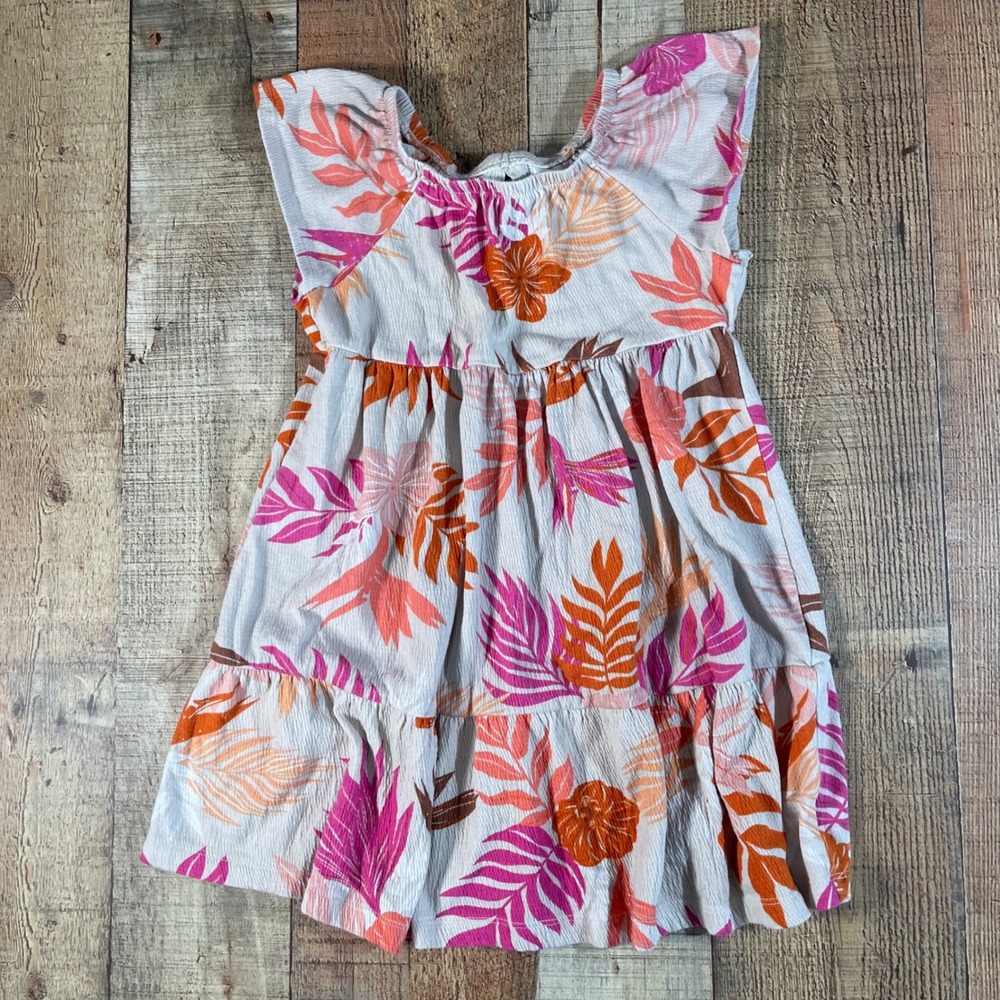 Carter's  Pink Orange Floral Tropical Leaf Tiered Flutter Sleeve Dress 7
